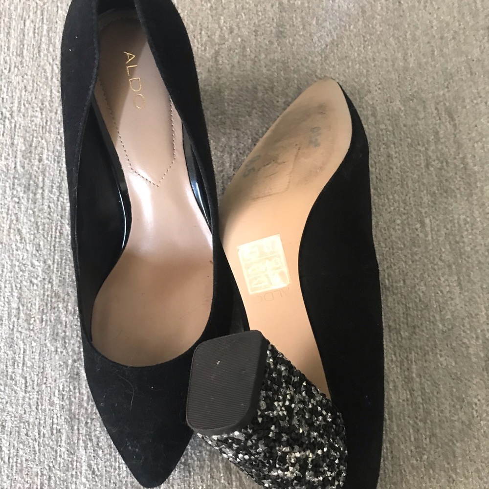 Black suede pointy pumps with rhinestone heel